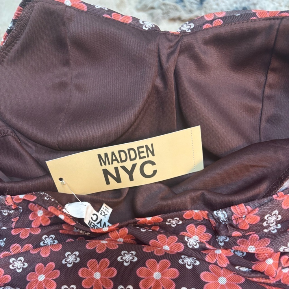 MADDEN NYC BROWN FLOWER PRINT CASUAL DRESSY RUCHED BODYCON DRESS NWT SZ XS - Picture 3 of 6